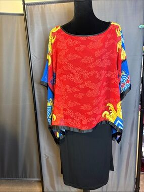 Red Printed Kaftan Tunic with Blue & Yellow Accents